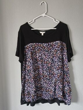 Terra & Sky Black Short Sleeve Top with Pink & Orange Floral Panel
